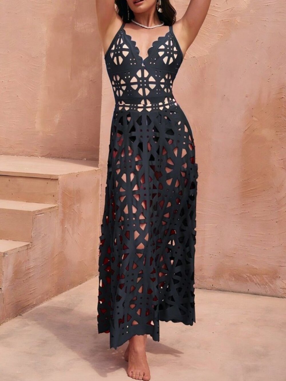 Black Laser-Cut Maxi Cover-Up Swimsuit and Maxi Skirt Set with Scalloped Trim